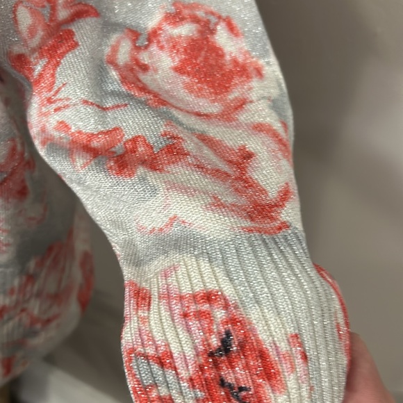 ST JOHN pink and silver rose print button down cardigan wool lurex Women’s XL - Picture 4 of 14